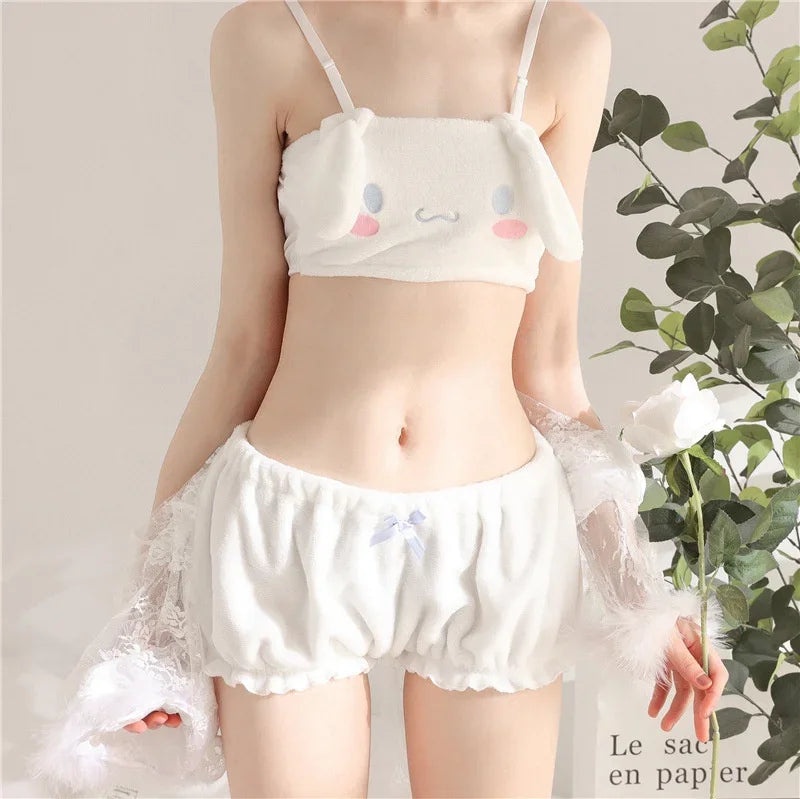 Rabbit Ears Cute Japanese Bra & Panties Set Wirefree Soft Underwear Set Kawaii Lolita Bra and Panty Set Pink Lingerie