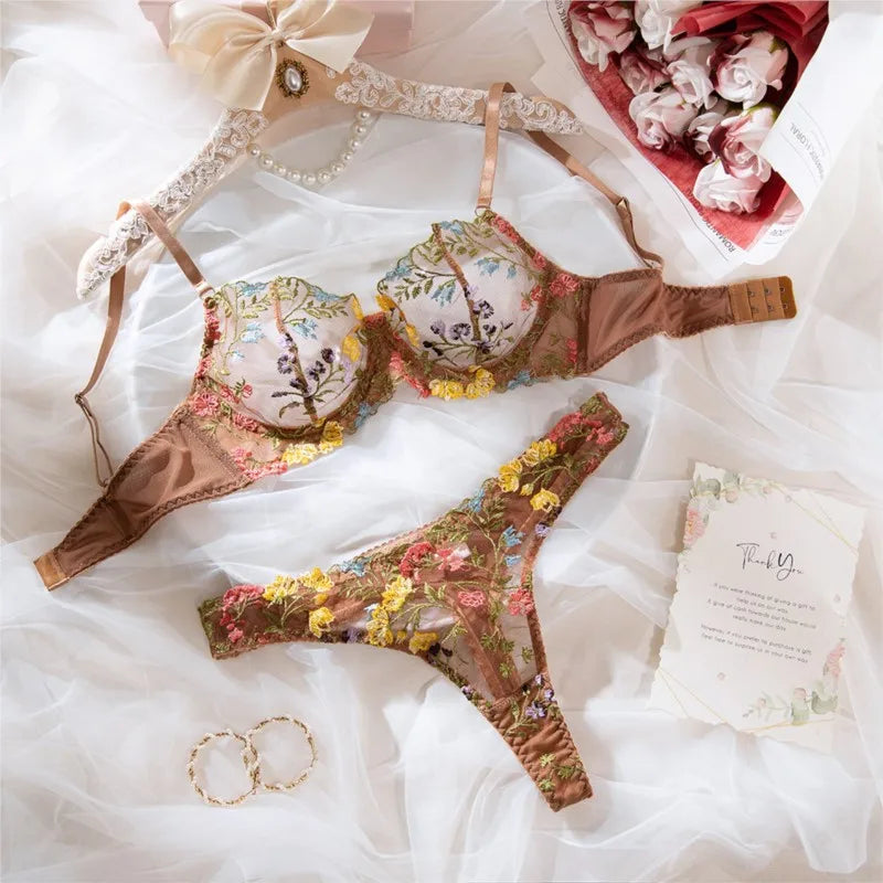 Bra Set Floral two-piece set with perspective Women sets underwear without censorship Fantasy clothing sexy lingere outfit xxx