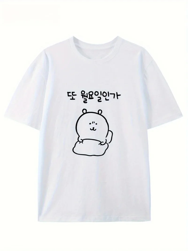 Summer  Short Sleeve T-Shirts Fashion Cute Cartoon Print Round Neck Breathable for Oversized Casual Loose Unisex Top