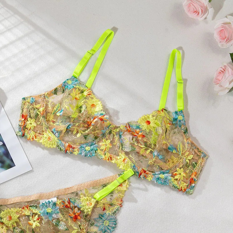 Women Bra and Briefs Sets Lace Flower Embroidery Sexy Perspective Underwire Erotic Lingerie Panty Two-Piece Underwear Set 2026