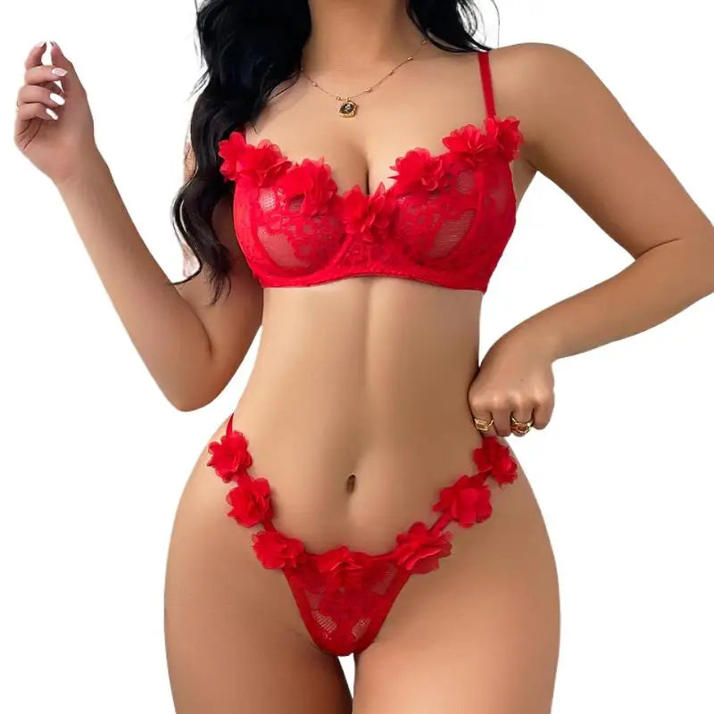 Lingerie Set 2PC Lace Bralette Garter Belt Thong Pure Sexy Underwear Women Sheer Floral Embroidery Bra Panty Set Pink Red Outfit