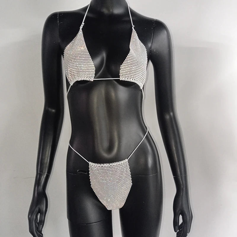 Bling Rhinestones Bra Panty Set Women Sexy Halter Bra Sexy Panty Two Piece Set Summer Beach Outfits Party Club Matching Sets