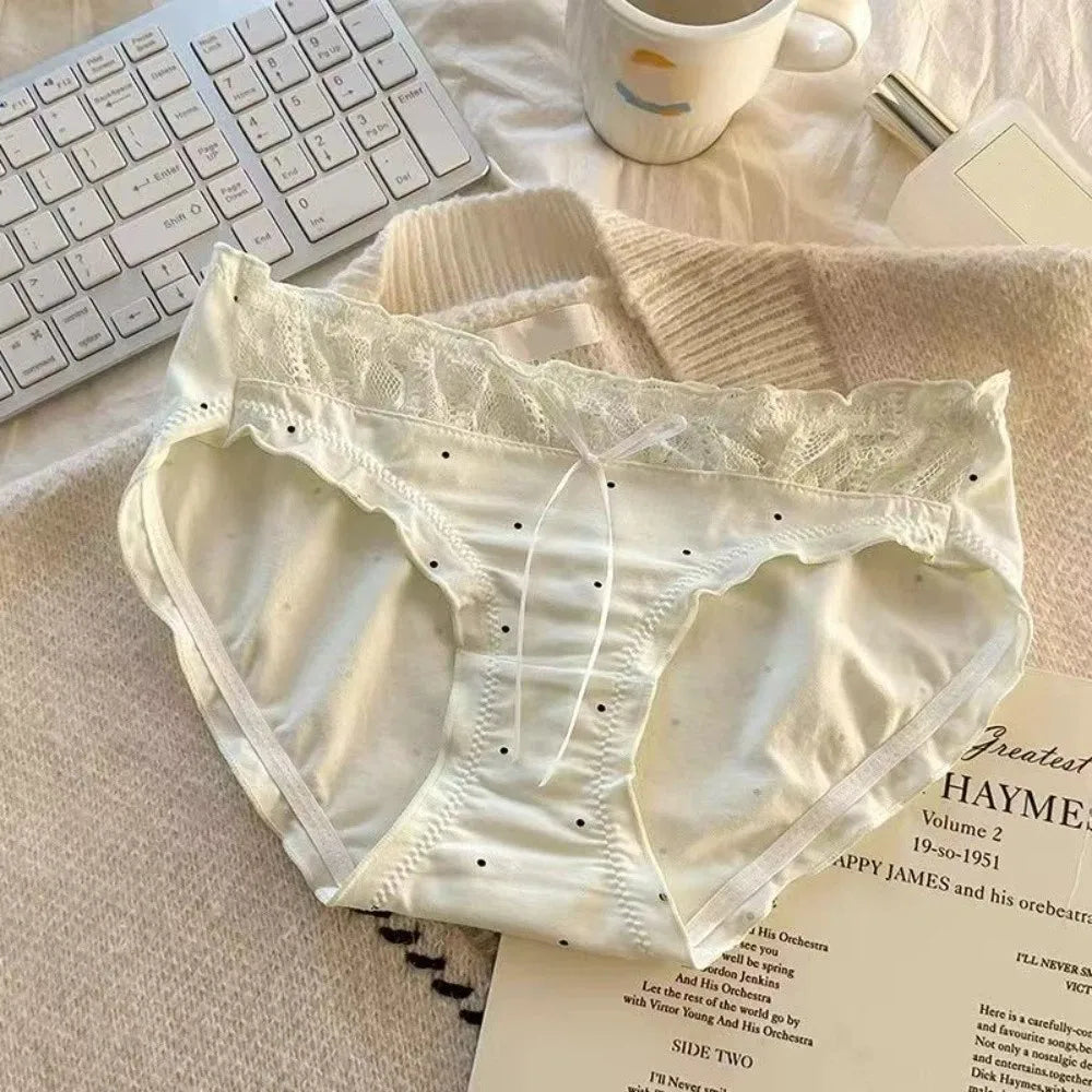 Lingerie Mid-waist Underwear Women Ruffle Patchwork Cotton Bow Briefs Dots Underpants Sweet Panties Summer