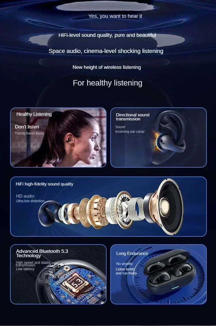 Bluetooth 5.3 Wireless Bone Conduction Headphones Clip Ear Music Noise Canceling Headset HD Call Sports Gaming Earphone