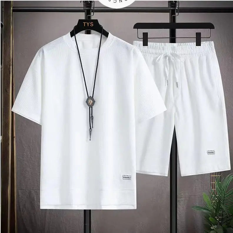 2025 Men's Sports Set Casual T-shirt and Shorts Loose and Comfortable Summer Waffle Set Jogging Set