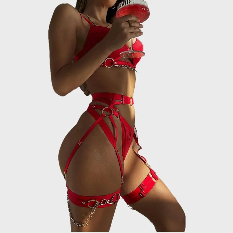 Women Lingerie Sexy Porn Underwear Halter Bra And Panty Set Luxury Garter 3 Pieces With Chain Lady Erotic Sets Sexy Outfit