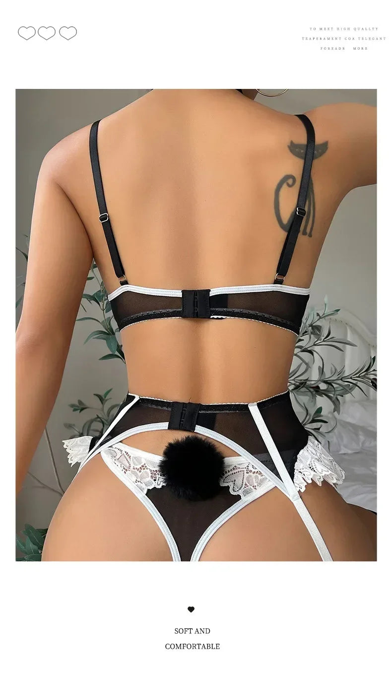 Pink Lace Bra and Panties with Garter Set Women's Sexy Lingerie Underwear See Through Erotic Porn Babydoll Clothes
