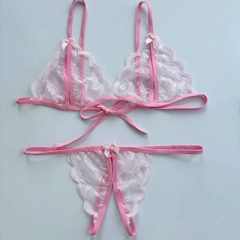 Sexy Lace-up Lingerie Set Women Hot Open Crotch Transparent Sexy Bra and Panty Sets Sex Temptation Erotic Couples Date Underwear