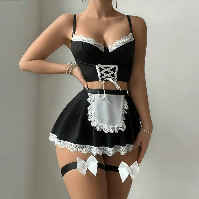 Women Lace Bandage Bra And Panty Underwear Set Hot Erotic Sexy Costumes Underwire Push Up Corset Bralette Top Bow Leg Rings