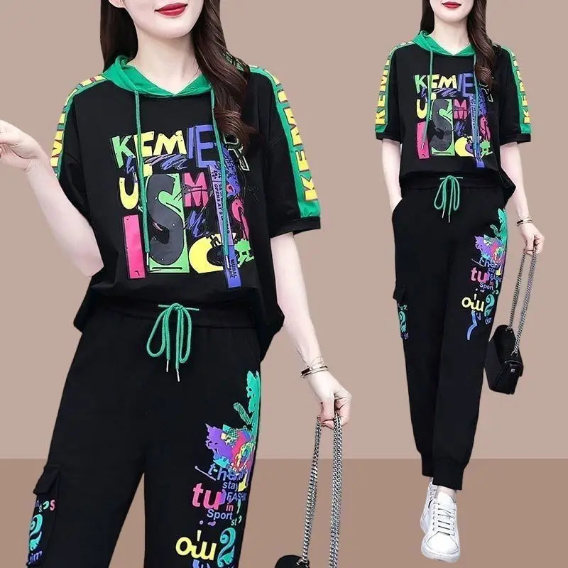 Leisure sportswear set for women's 2025 summer new fashionable versatile hooded sweater high waisted Harlan pants two-piece set