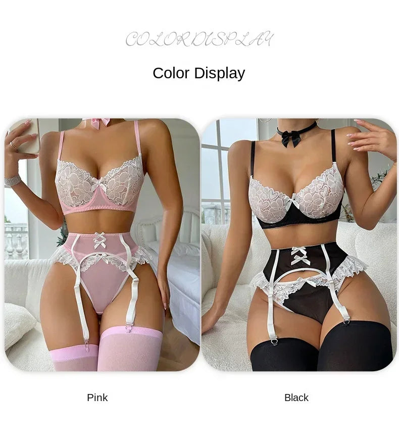 Pink Lace Bra and Panties with Garter Set Women's Sexy Lingerie Underwear See Through Erotic Porn Babydoll Clothes