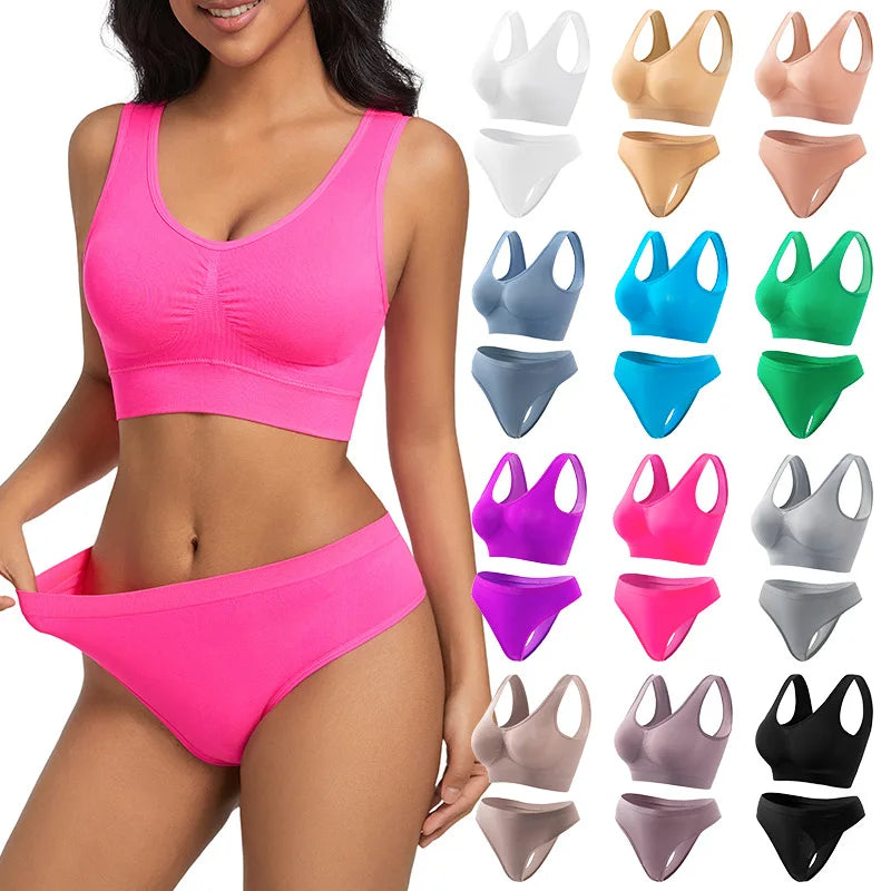 Women Everyday Bras Sets Wire Free Comfrotable Push up Bras and Thong Panties Set Two Pieces Underwear