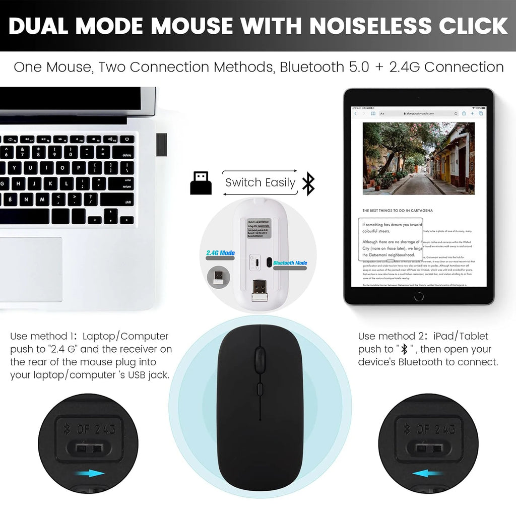 Bluetooth Mouse for Laptop/MacBook/iPad/Android PC,Rechargable Quiet Slim Wireless Mice Compatible with Windows/Linux/Tablet