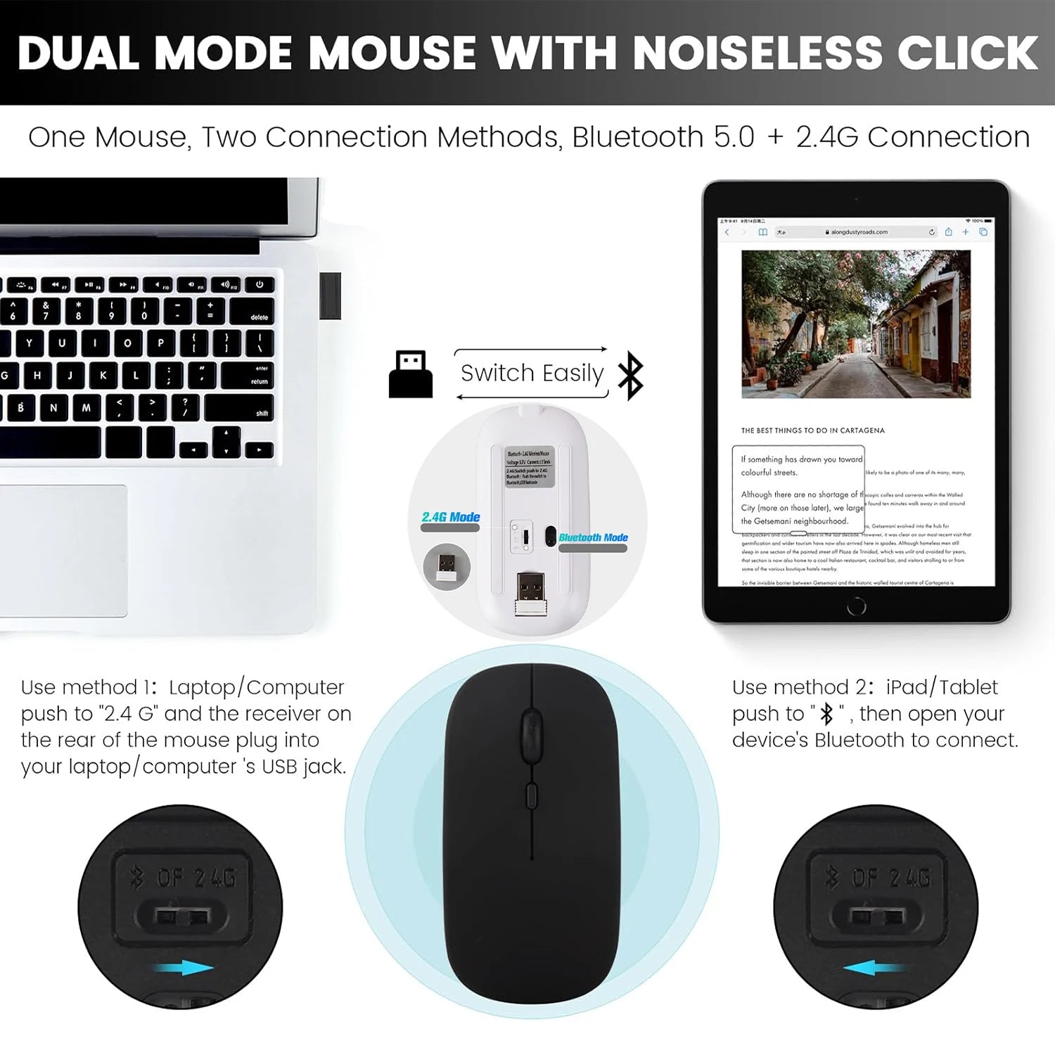 Bluetooth Mouse for Laptop/MacBook/iPad/Android PC,Rechargable Quiet Slim Wireless Mice Compatible with Windows/Linux/Tablet