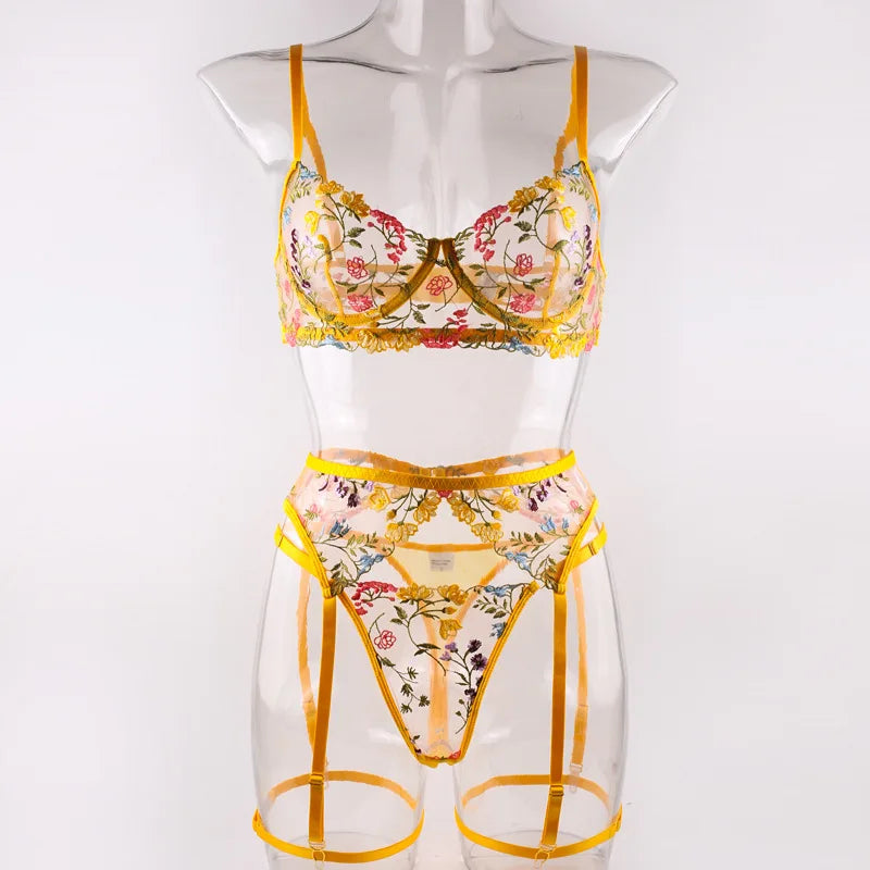 Lingerie Set Sensual Lace Underwear Transparent Embroidery 3 Pcs Garters Fancy Beautiful Short Skin Care Kits Intimate Bra Set