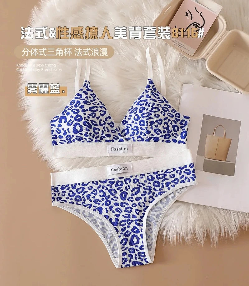 Women Seamless Bra Set Low Waist Panties Leopard Bralette Sexy Lingerie Set Vneck Sport Brassiere Female Cotton Underwear Set