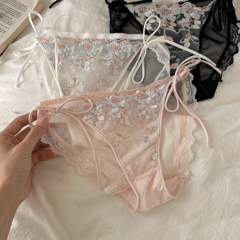 Lingerie Low Waist Embroidery Flower Panties Cotton Crotch Sweet Underwear for Women Transparent Mesh Lace Briefs Girl