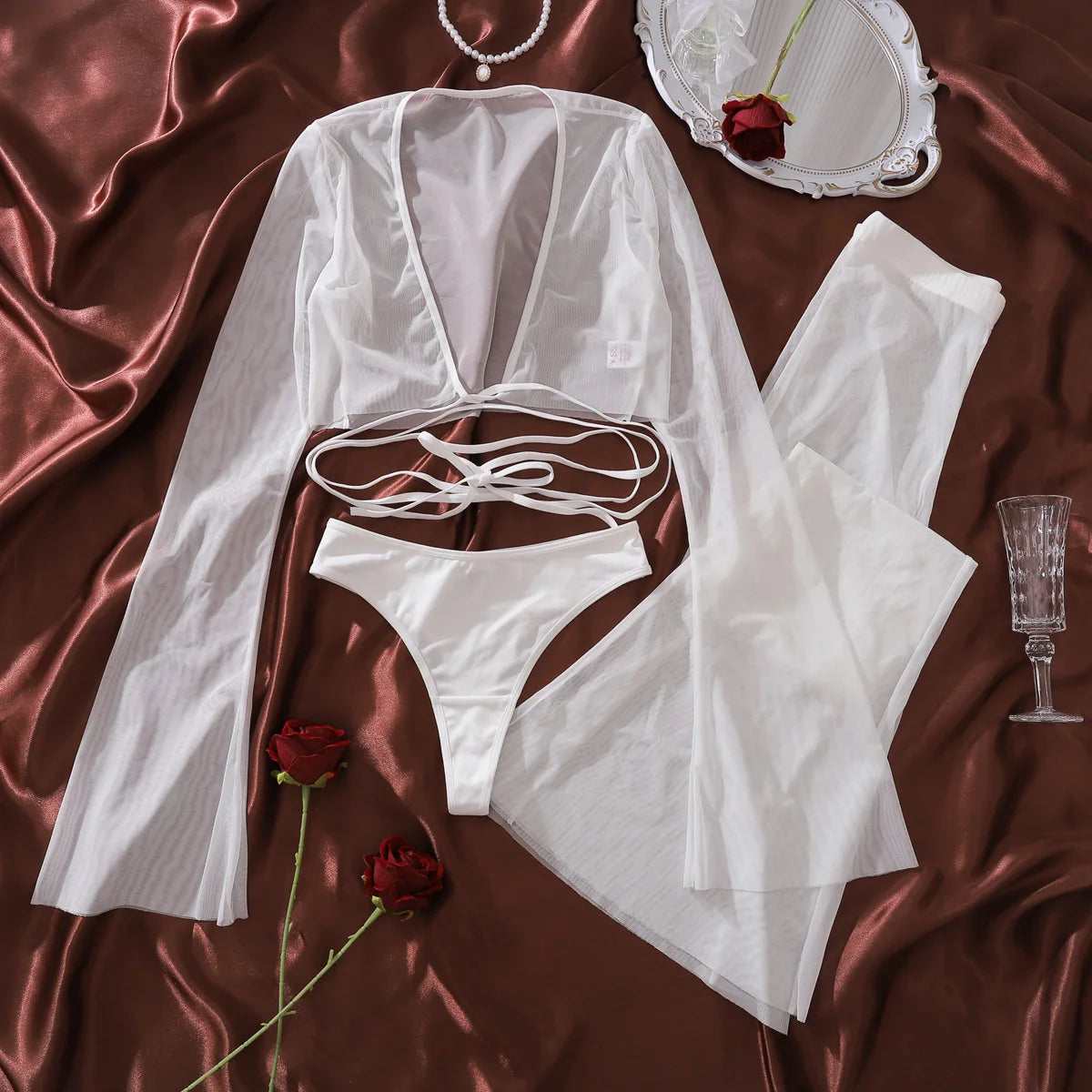 New Comfortable Perspective Mesh Bra Pants Suit Women's Sexy White Body Shaping Underwear Female Pure Desire Cover Up Split Set