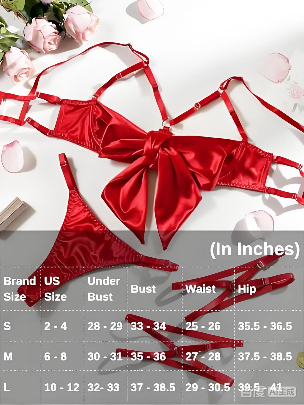 Women's 3 Piece Lingerie Set Sexy Hollow Out Satin Bow Tie Bra and Panty Set with Thigh Straps