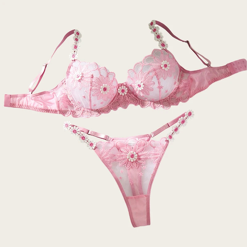 Sexy Lingeries Women Floral Embroidery Lingerie Set Pink Mesh Underwear Ultra Thin Bra and Panties Sets Romantic Erotic Lingerie