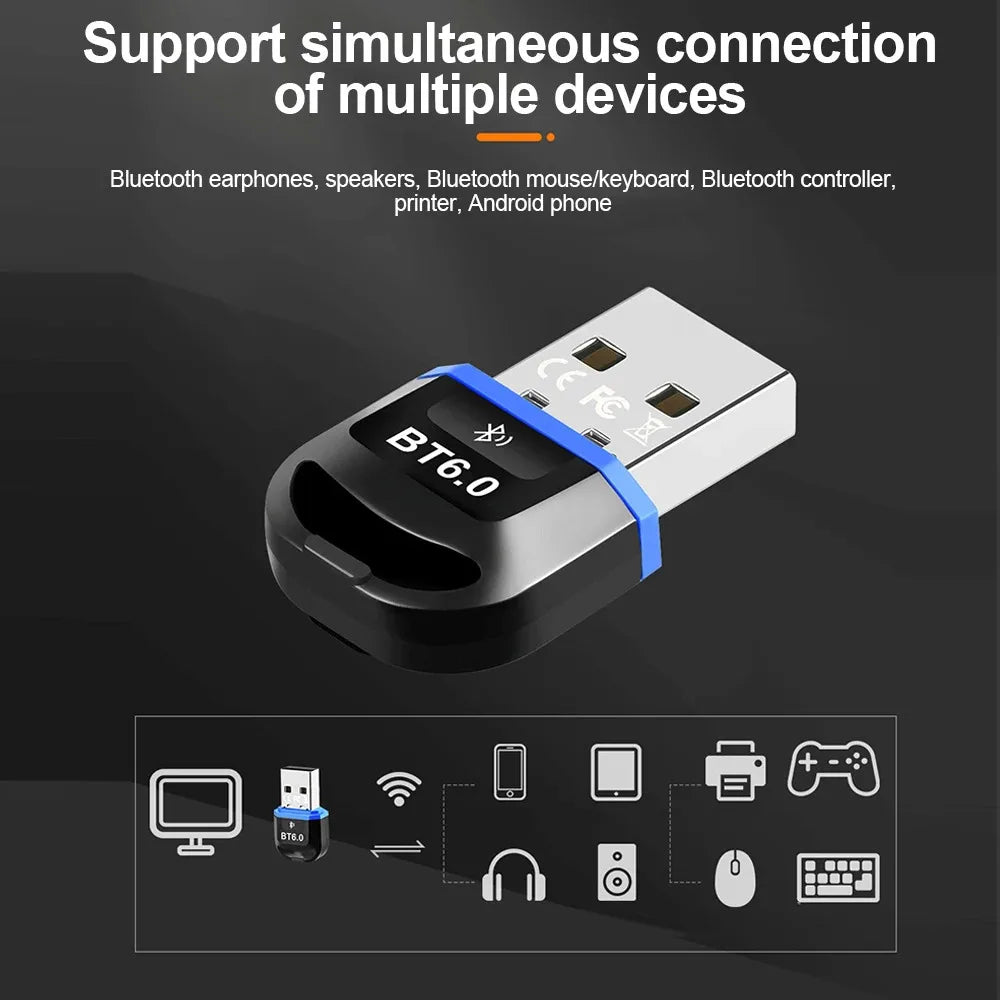 Bluetooth 6.0 USB Adapter Wireless Audio Transmitter Receiver USB Dongle for Headphone Speaker Windows 8.1/10/11 Driver Free