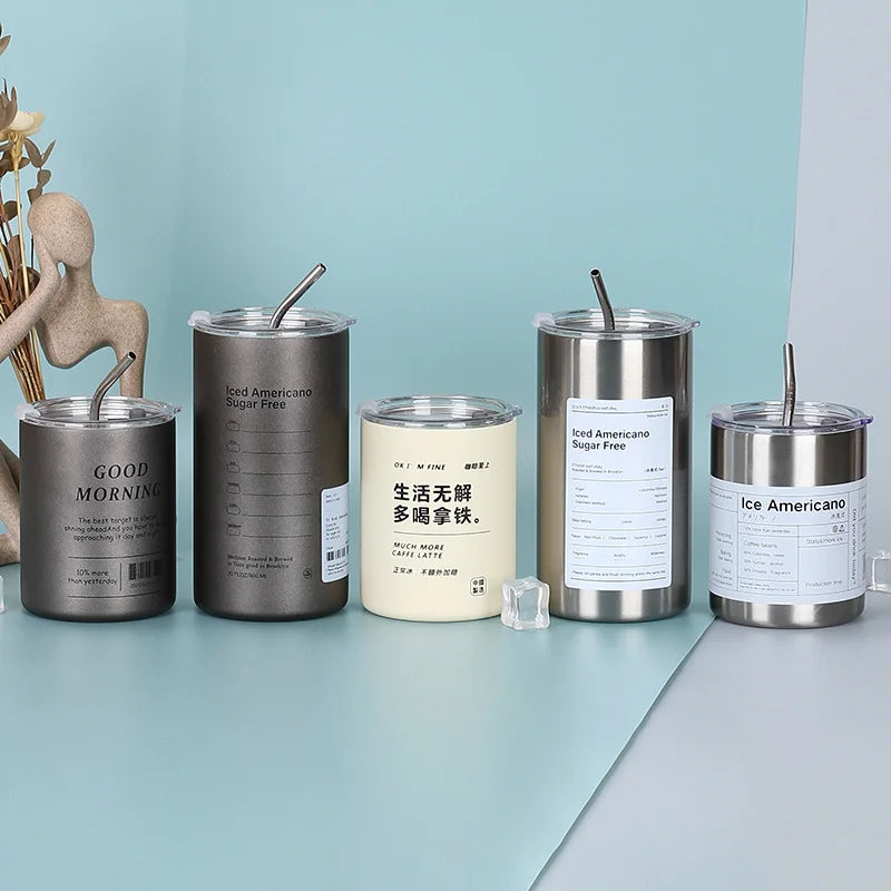 Thermos Cup Portable 304 Stainless Steel Coffee Mug Thermal Leak-proof Water Bottle with Straw Insulated Bottle Drinkware