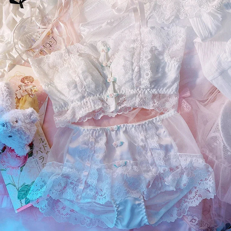 Women's Underwear Bra and Panty Set Lolita Girl Top Sexy Lingerie Cotton Intimate Vintage Lace Front Buckle Flowers Kawaii Bras