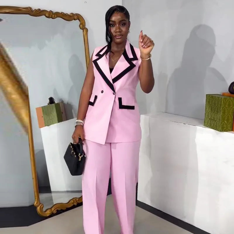 Pants Set Women Two Piece Sets Matching Sets Work Elegant Double Breasted Tops Vest Wide Leg Long Pants High Waist Y2k Pink