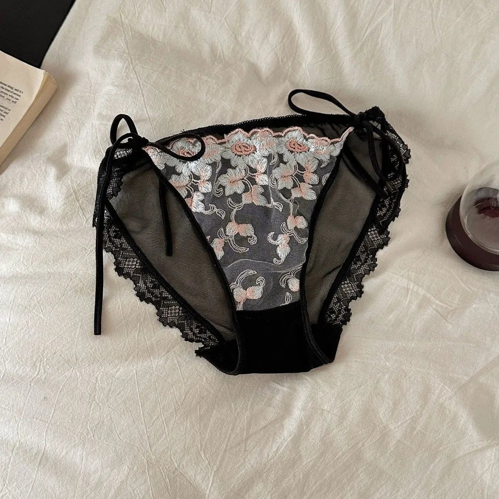 Lingerie Low Waist Embroidery Flower Panties Transparent Sweet Underwear for Women Cotton Crotch Mesh Lace Briefs Girl