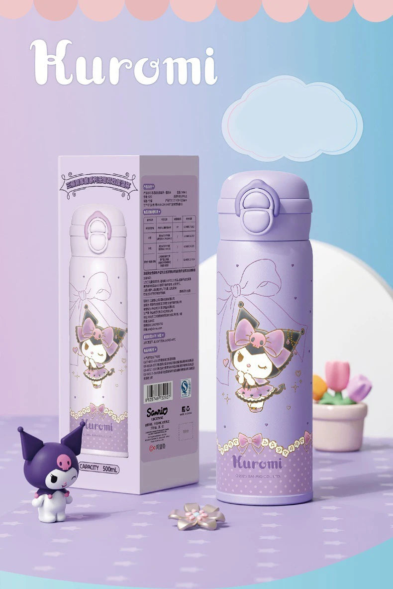 X&W Sanrio Thermal Cup Insulated Mug Kuromi Thermos Cups 316 Stainless Steel Double Drinking Straw Cup Portable Water Bottles