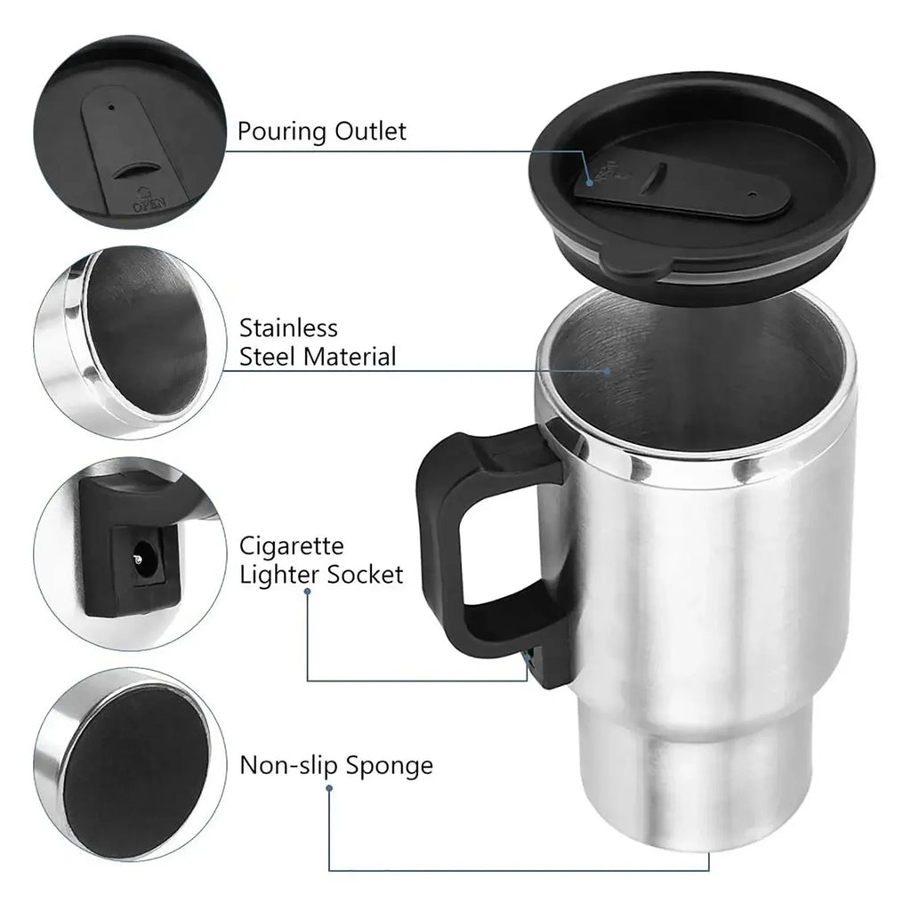 Car Electric Heating Cup 12V Stainless Steel Thermos 450ml USB Heated Mug For Outdoor Travel Camping Coffee Tea Warm Accssories