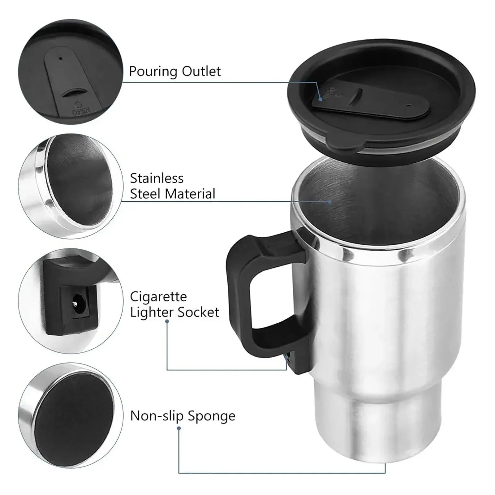 Car Electric Heating Cup 12V Stainless Steel Thermos 450ml USB Heated Mug For Outdoor Travel Camping Coffee Tea Warm Accssories