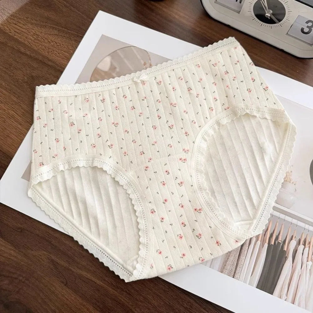 Lingerie Mid-waist Underwear for Women Bear Bow Sweet Floral Panties Underpants Grid Cotton Briefs Summer