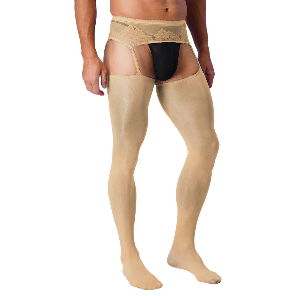 Lingerie Mens Ultra Thin Mesh Leggings Gays Pantyhose Floral Lace See Through Underpants Garter Stockings for Night Dating Wear