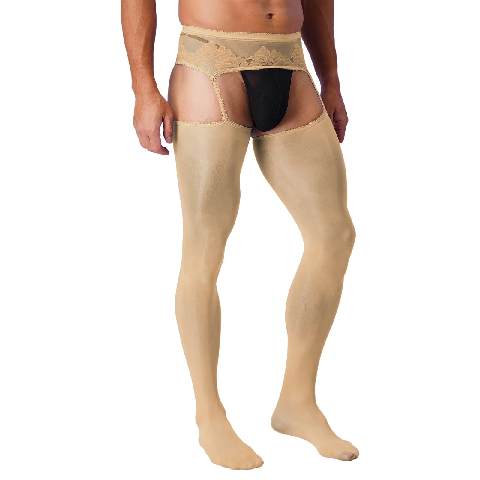 Lingerie Mens Ultra Thin Mesh Leggings Gays Pantyhose Floral Lace See Through Underpants Garter Stockings for Night Dating Wear