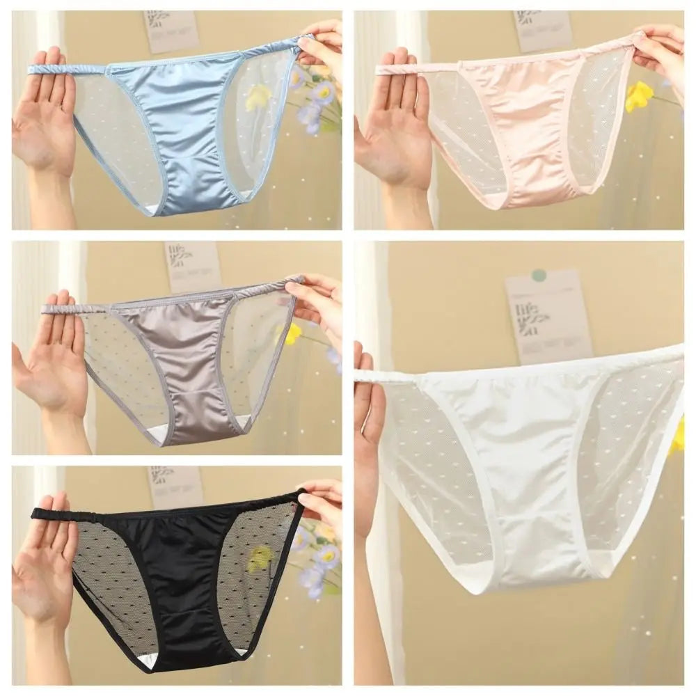 Lingerie Ice Silk Low Rise Briefs Women Korean Soft Seamless Lingerie Transparent Cotton Crotch Mesh Panties Smooth