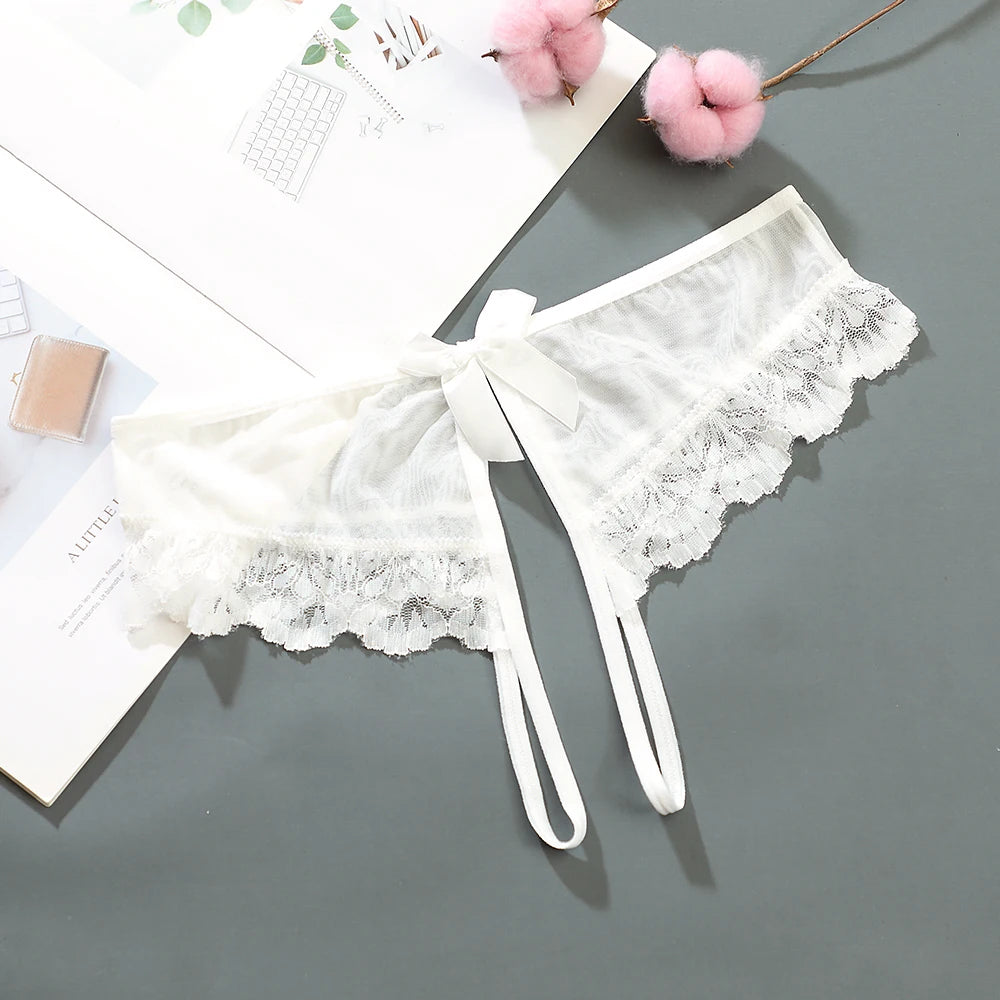 Sexy Female Llingerie  Sexy Lingerie Women's Panties Crotch Opening Transparent G-strings Thongs Hollow Out Solids Bowknot Under