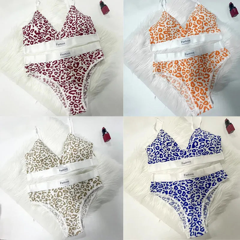 1/2/3/4Set Women Seamless Bra Set Low Waist Panties Leopard Bralette Sexy Vneck Sport Brassiere Female Cotton Underwear Set