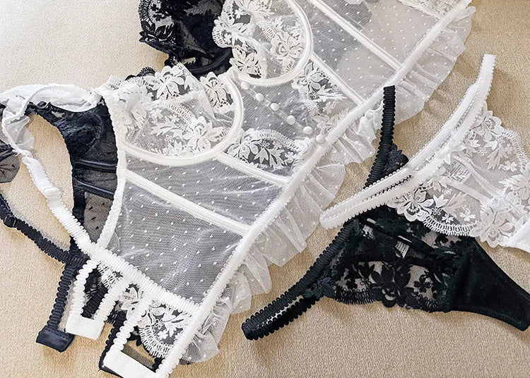 Embroidery Sexy Women Bra Set Underwear Push Up Brassiere Lace Transparent Bra Panty Sets Wedding Bralette Thin Underwear