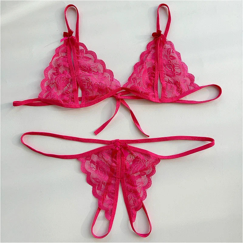Sexy Lace-up Lingerie Set Women Hot Open Crotch Transparent Sexy Bra and Panty Sets Sex Temptation Erotic Couples Date Underwear