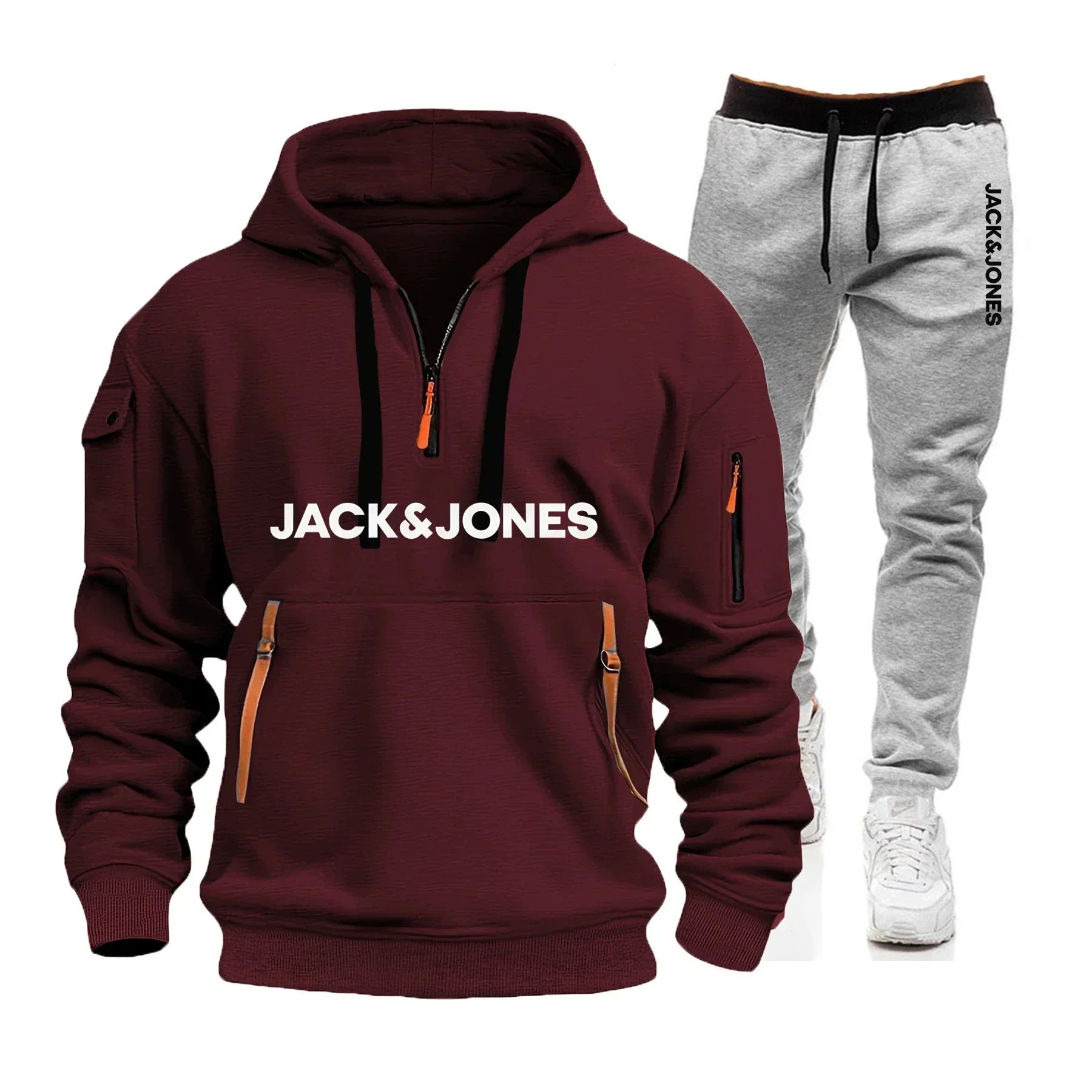 A two-piece outdoor fashion jogging and fitness set for men in autumn and winter, featuring a hooded sweatshirt and casual pants