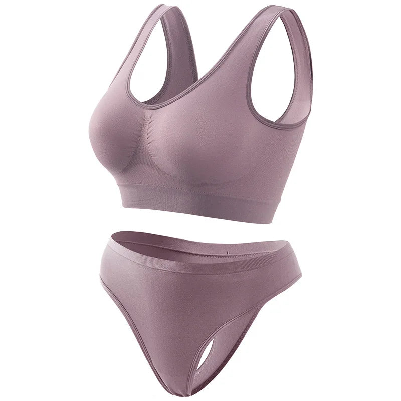 Women Everyday Bras Sets Wire Free Comfrotable Push up Bras and Thong Panties Set Two Pieces Underwear