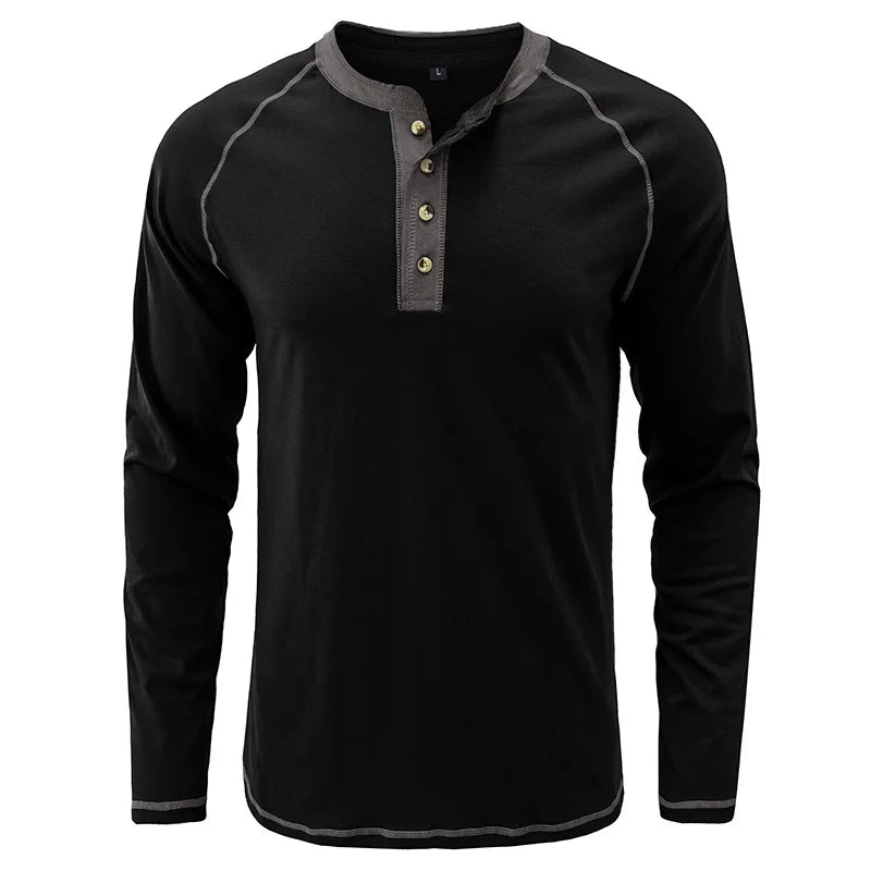 Summer  Autumn Men's American Heavy Cotton Henry Shirt  Long Sleeve Fitness Tough Guy T-Shirt Casual  T Shirt for Men Clothing