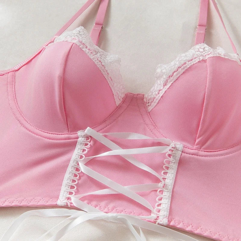 Women Lace Bandage Bra And Panty Underwear Set Hot Erotic Sexy Costumes Underwire Push Up Corset Bralette Top Bow Leg Rings