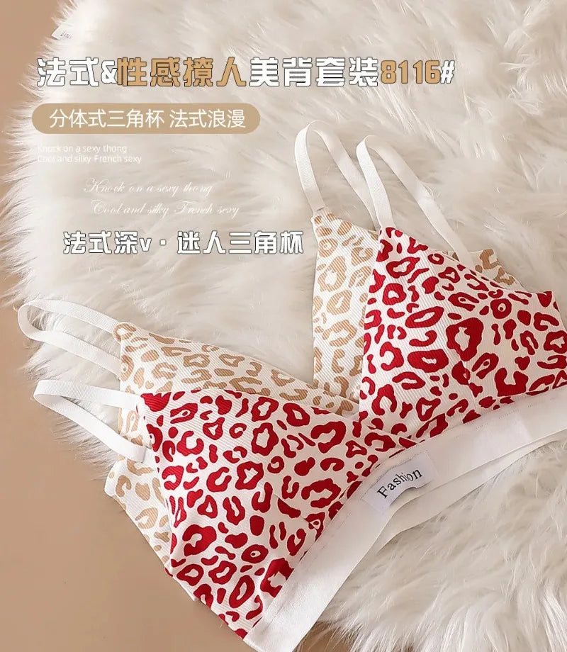 Women Seamless Bra Set Low Waist Panties Leopard Bralette Sexy Lingerie Set Vneck Sport Brassiere Female Cotton Underwear Set