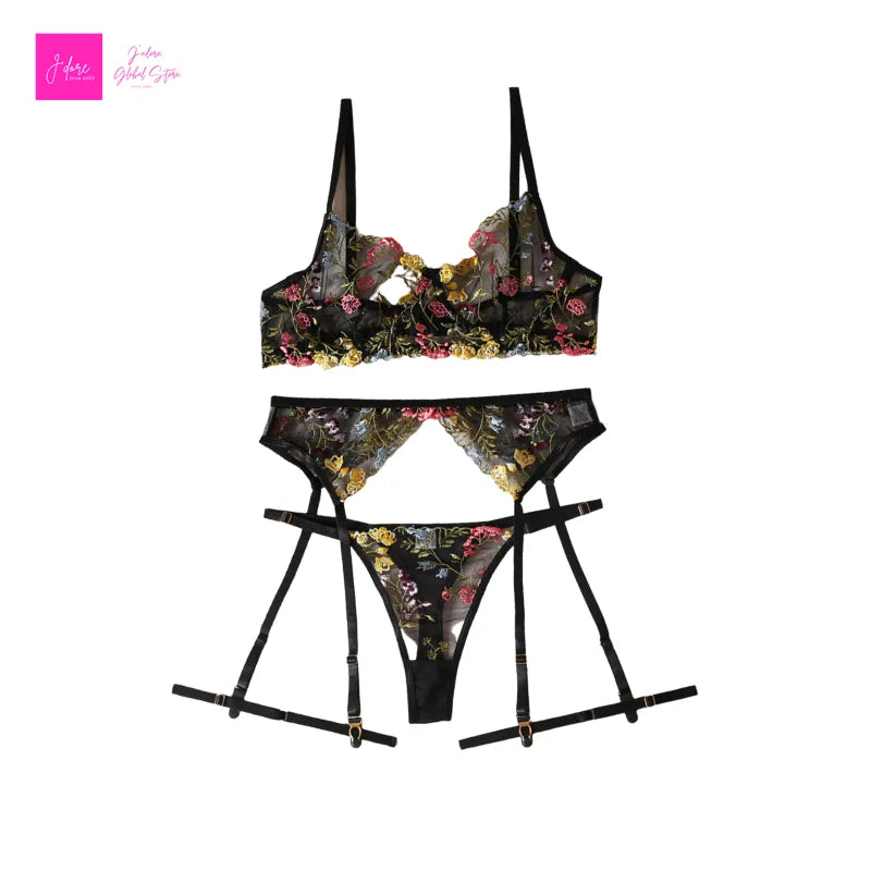 Lingerie Set Sensual Lace Underwear Transparent Embroidery 3 Pcs Garters Fancy Beautiful Short Skin Care Kits Intimate Bra Set