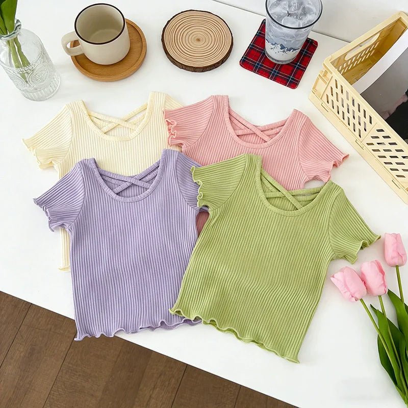 Summer Girls T-Shirt Kids Short Sleeved Thin Soft Tops Simple Solid Color Casual Children Clothing 2-6 Years Sweet Shirtthing