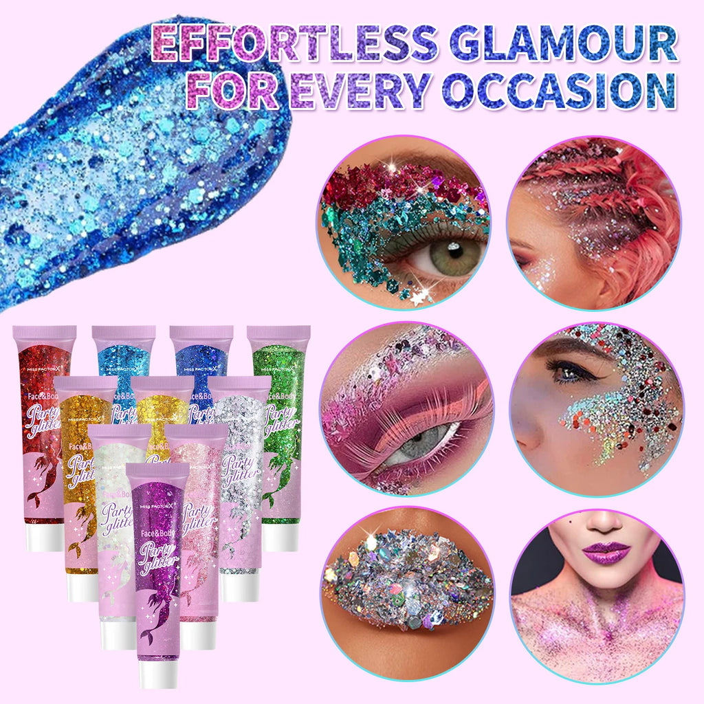 10 piece body glitter gel, carnival face glitter cosmetics suitable for women, shiny thick hair glitter, carnival accessories fo