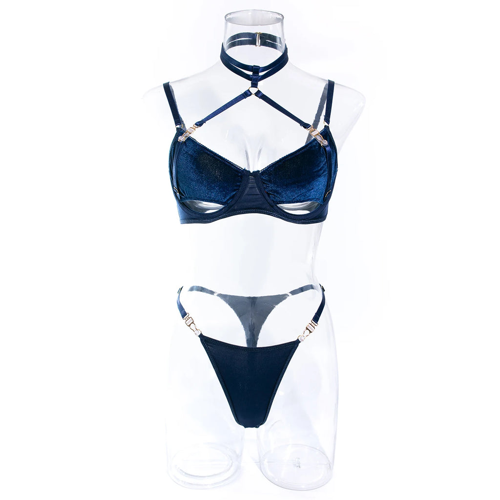 Cut Out Bra Set Women 2-piece Halter Bra + Brief Underwear Set 4 Color Velvet Sexy Intimates