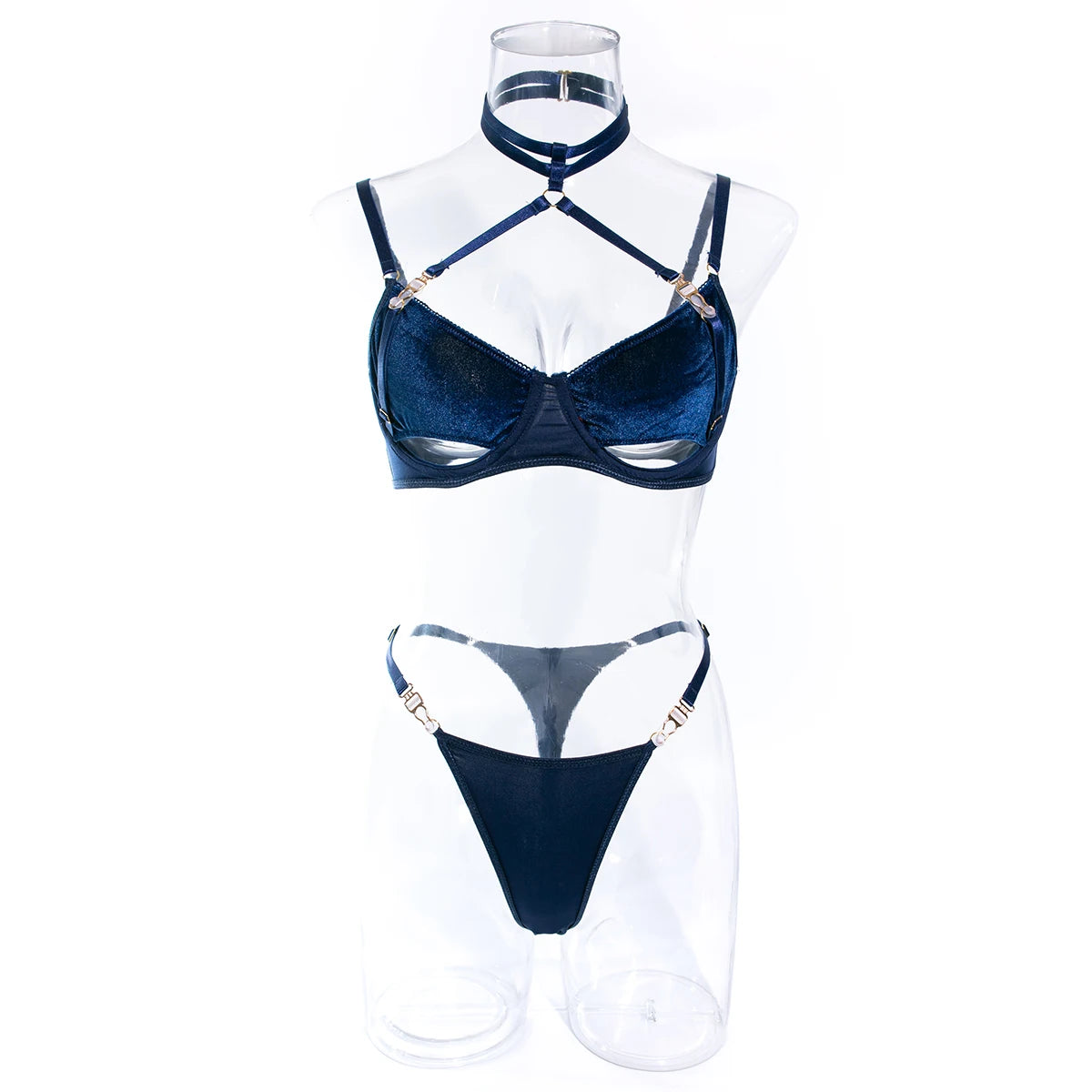 Cut Out Bra Set Women 2-piece Halter Bra + Brief Underwear Set 4 Color Velvet Sexy Intimates